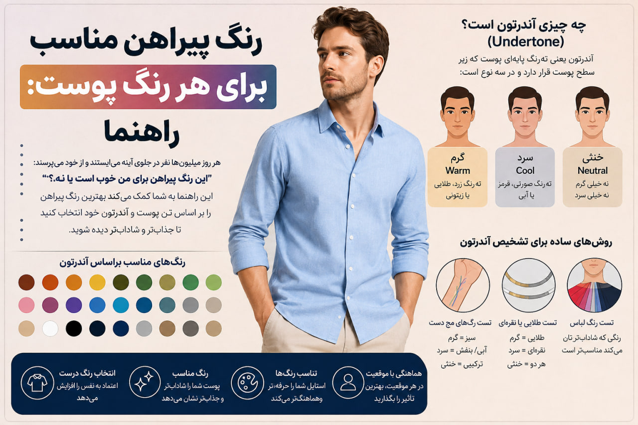 راهنمای انتخاب رنگ پیراهن مناسب برای هر رنگ پوست و آندرتون